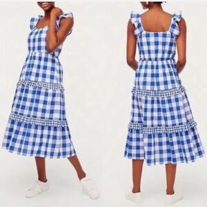 J.Crew Flutter-Sleeve Ruffle-Tiered Midi Dress Gingham Combo Blue White